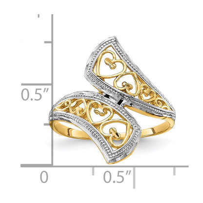 14K Gelbgold mit Rhodium diamantgeschliffener Herz-Akzent-Bypass-Ring