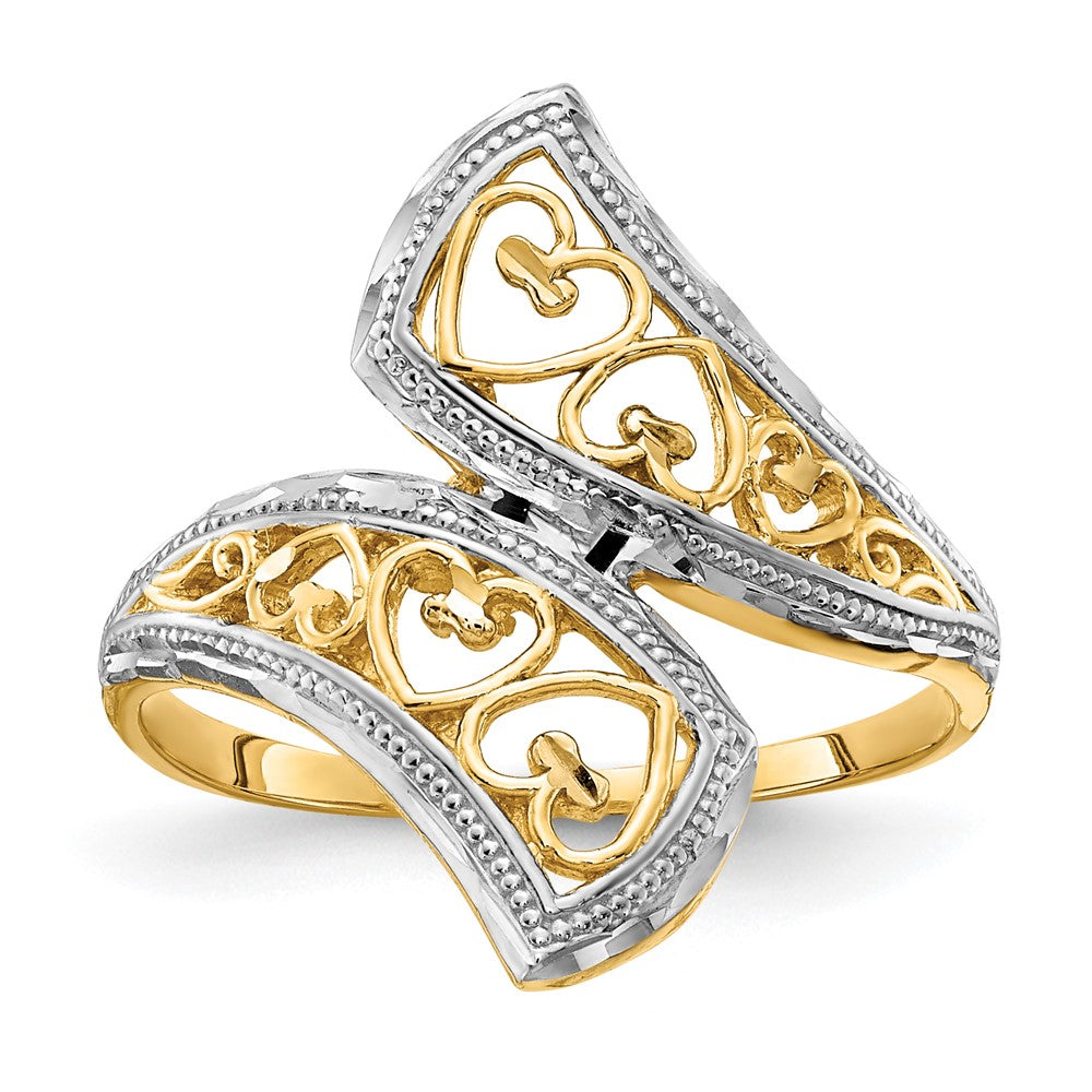 14K Gelbgold mit Rhodium diamantgeschliffener Herz-Akzent-Bypass-Ring