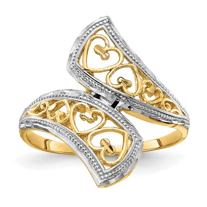 14K Gelbgold mit Rhodium diamantgeschliffener Herz-Akzent-Bypass-Ring