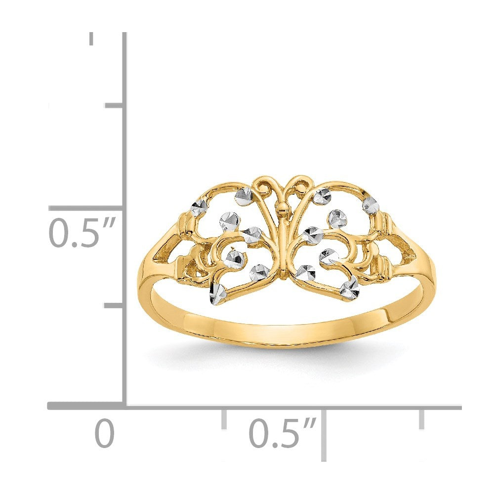 14K Gelbgold Ring mit Rhodium-Beschichtung und diamantierten Schmetterlingen