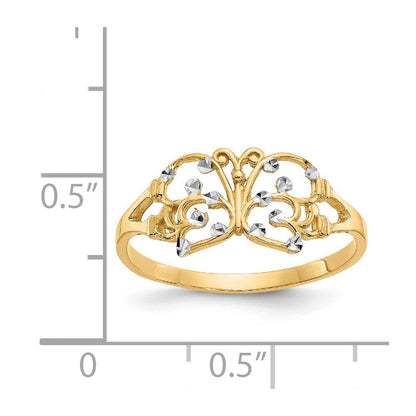 14K Gelbgold Ring mit Rhodium-Beschichtung und diamantierten Schmetterlingen