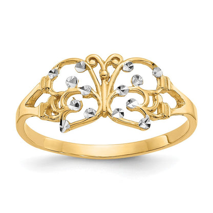 14K Gelbgold Ring mit Rhodium-Beschichtung und diamantierten Schmetterlingen