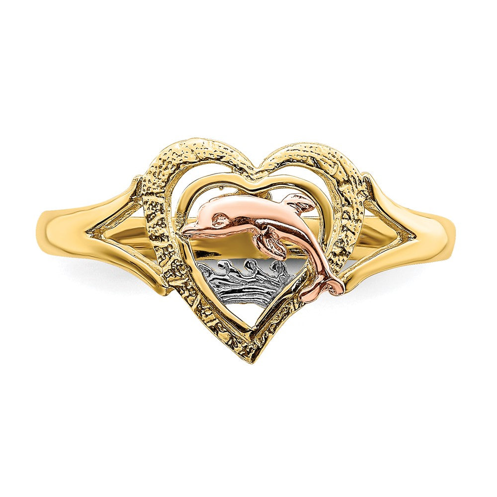 14K Gelb- und Roségold Ring mit Rhodium und Delfin im Herz