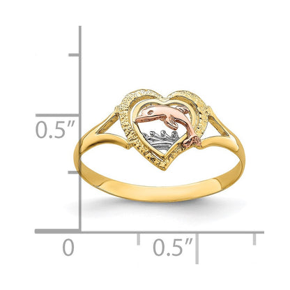 14K Gelb- und Roségold Ring mit Rhodium und Delfin im Herz