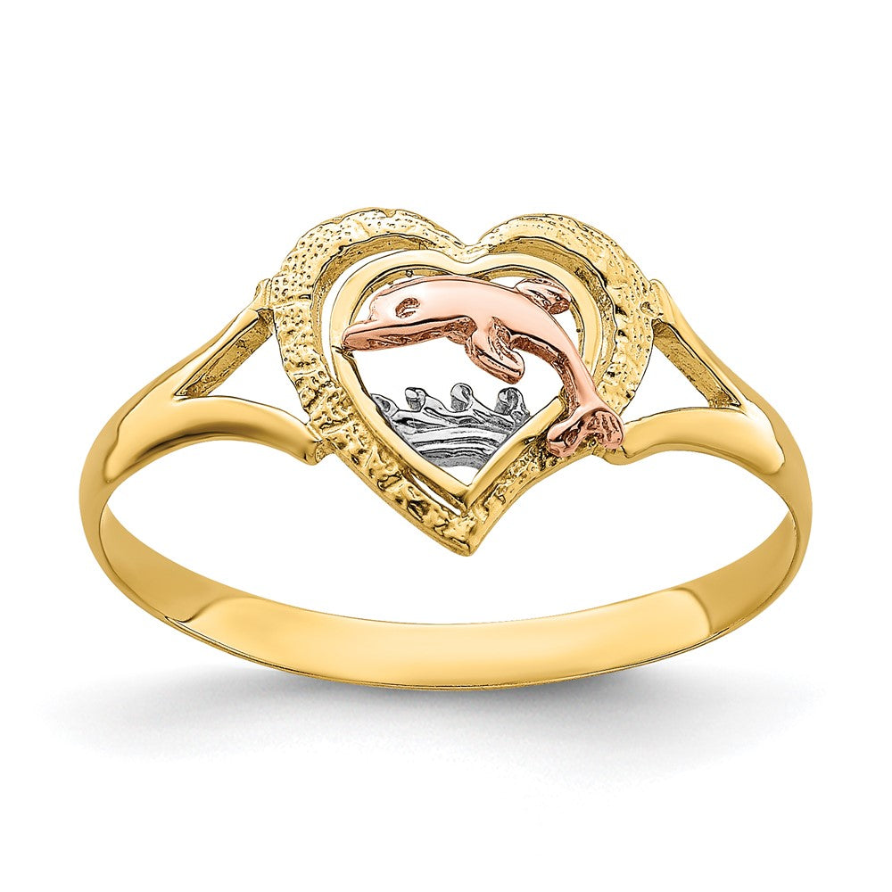 14K Gelb- und Roségold Ring mit Rhodium und Delfin im Herz