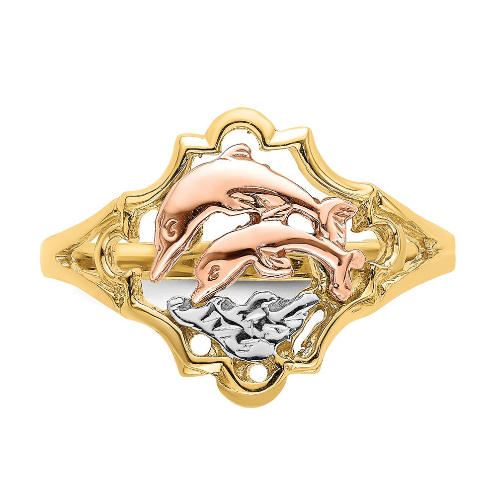 14K Gelb- und Roségold mit Rhodium Doppel-Delfin-Ring