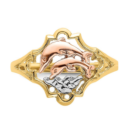 14K Gelb- und Roségold mit Rhodium Doppel-Delfin-Ring