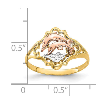 14K Gelb- und Roségold mit Rhodium Doppel-Delfin-Ring