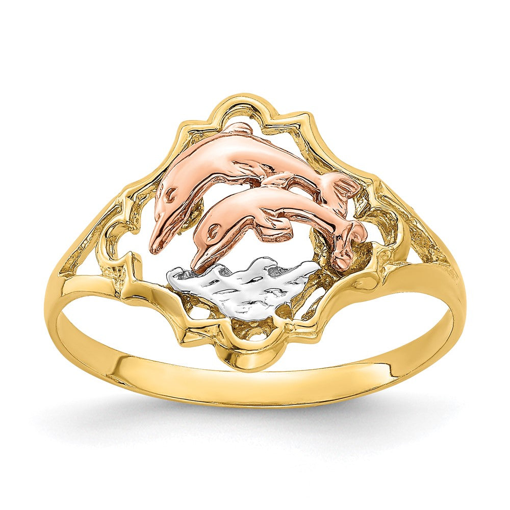 14K Gelb- und Roségold mit Rhodium Doppel-Delfin-Ring