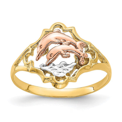 14K Gelb- und Roségold mit Rhodium Doppel-Delfin-Ring