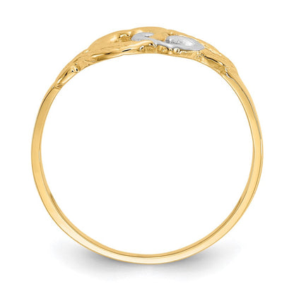 14K Gelbgold und weißrhodiniert poliert Ring mit 2 Herzen