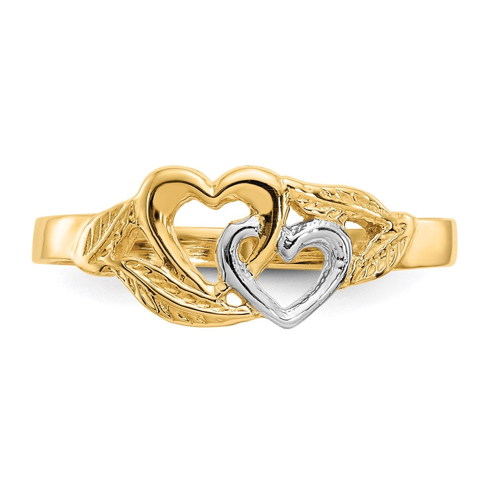 14K Gelbgold und weißrhodiniert poliert Ring mit 2 Herzen