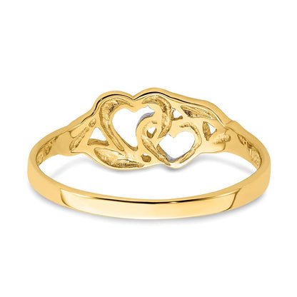 14K Gelbgold und weißrhodiniert poliert Ring mit 2 Herzen