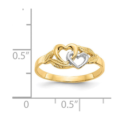 14K Gelbgold und weißrhodiniert poliert Ring mit 2 Herzen
