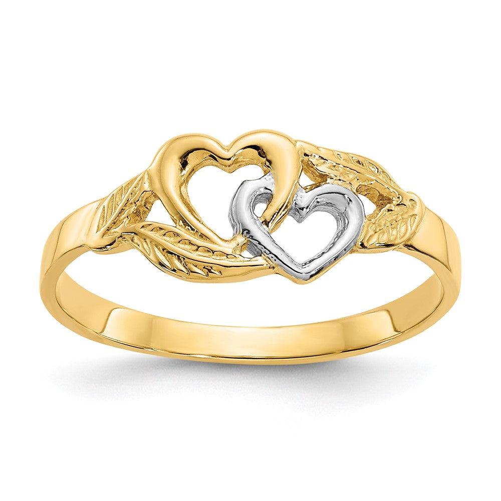 14K Gelbgold und weißrhodiniert poliert Ring mit 2 Herzen