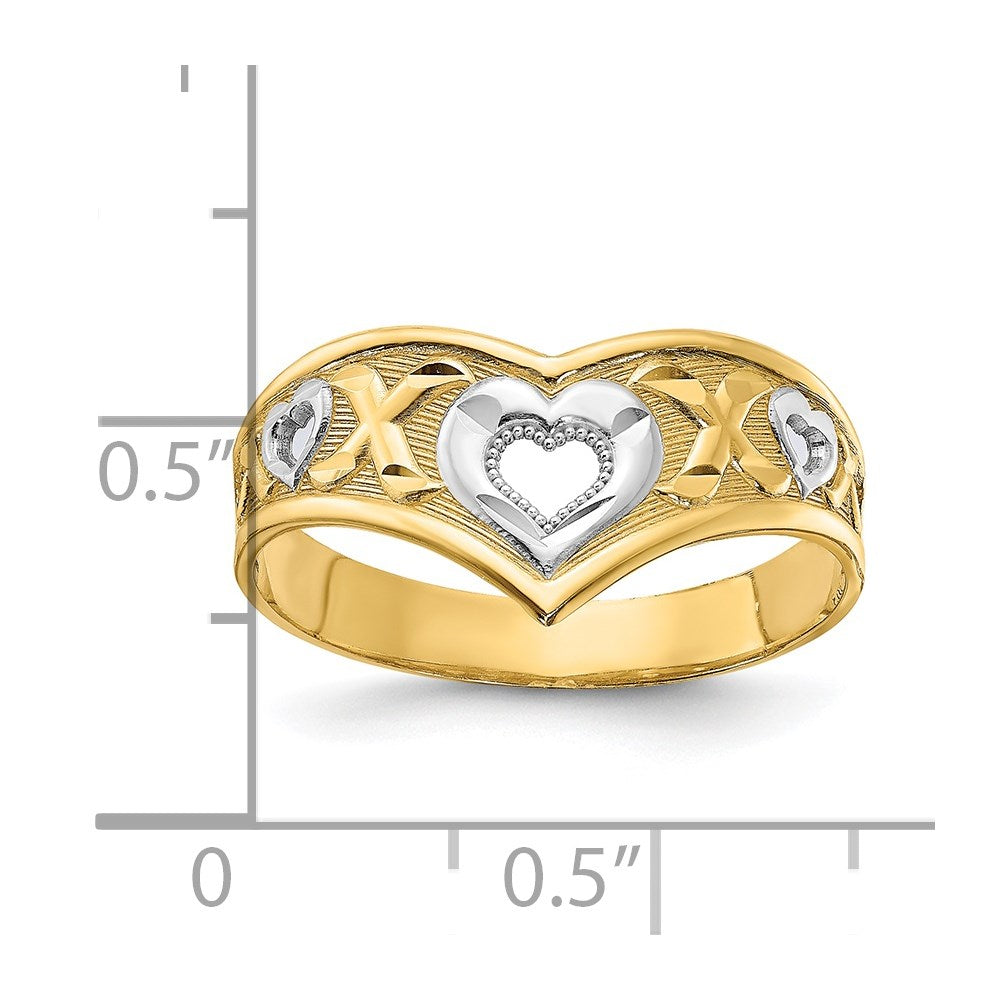 14K Gelbgold und weißes Rhodium poliert Herz-und-X-Ring