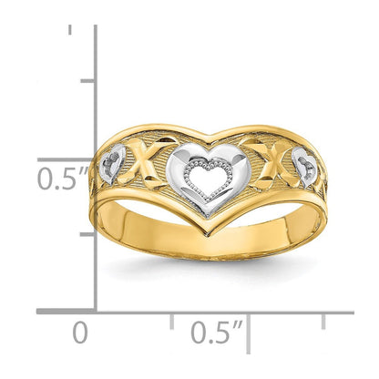 14K Gelbgold und weißes Rhodium poliert Herz-und-X-Ring