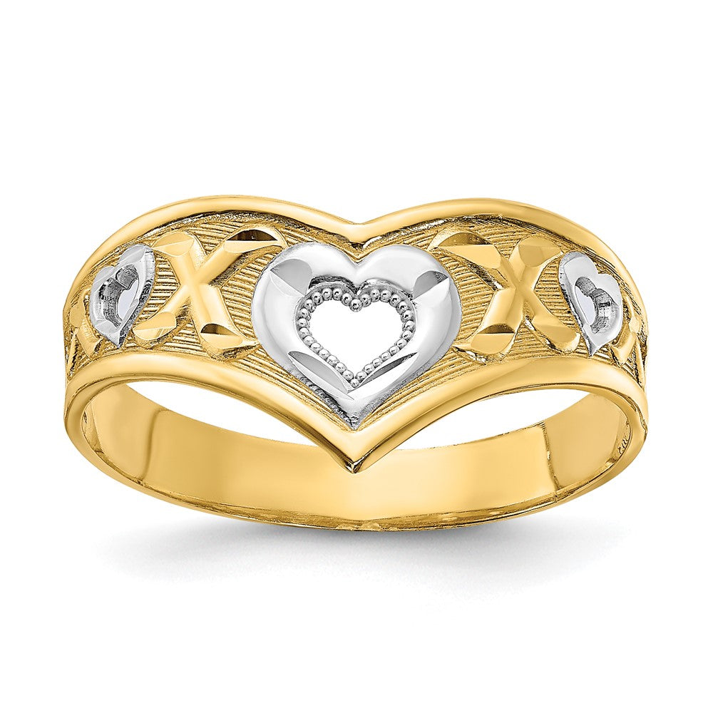 14K Gelbgold und weißes Rhodium poliert Herz-und-X-Ring