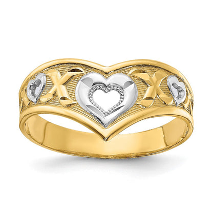 14K Gelbgold und weißes Rhodium poliert Herz-und-X-Ring