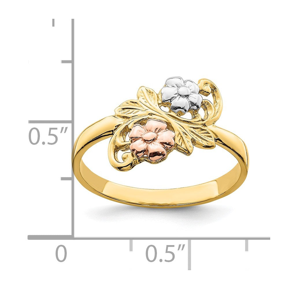14K Bicolor-Gold Ring mit Weißrhodinierung, Blumendesign