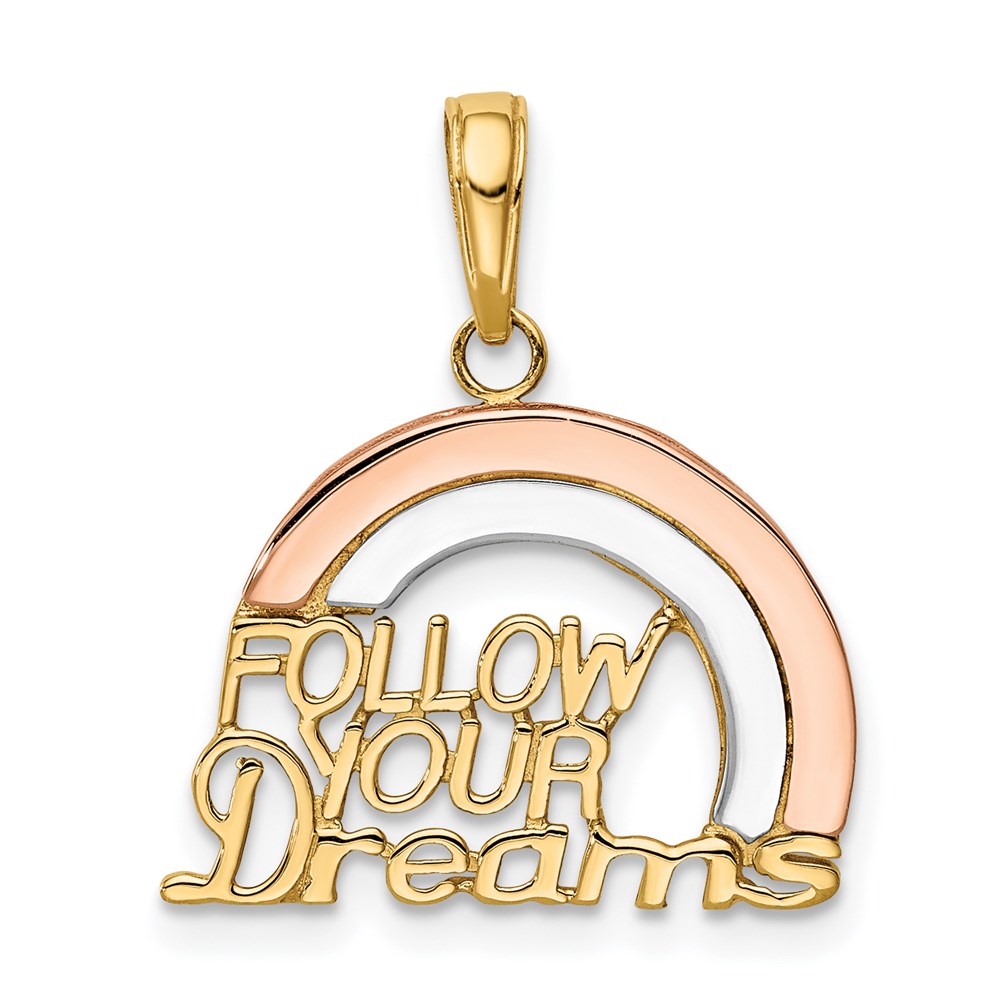 14 Karat Bicolor-Gold mit Weiß-Rhodinierung „FOLLOW YOUR DREAMS“ Regenbogen-Charm