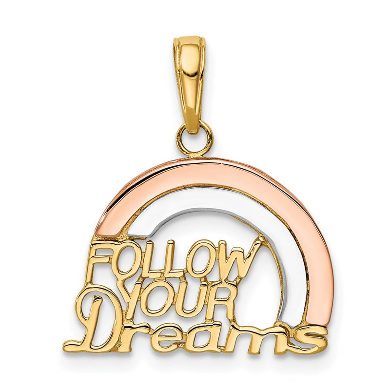 14 Karat Bicolor-Gold mit Weiß-Rhodinierung „FOLLOW YOUR DREAMS“ Regenbogen-Charm