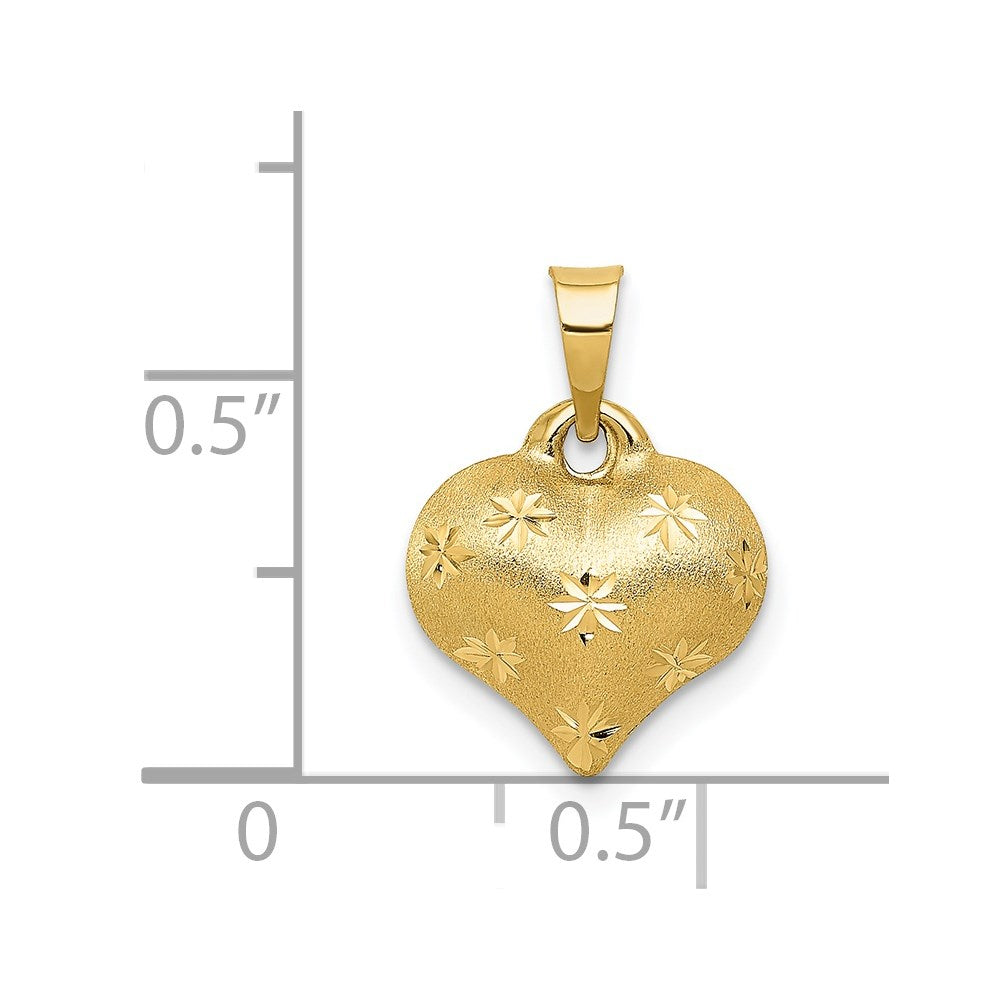 14K Gelbgold Poliert und Satiniert Diamantiert 3-d Gewölbt Herz Anhänger