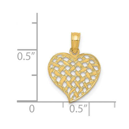 14K Gelbgold Poliert Korb Weave Muster Herz Anhänger