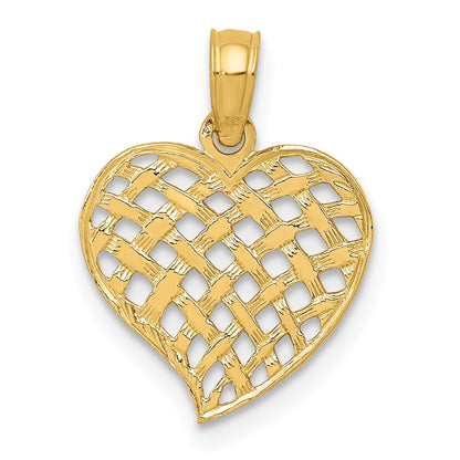 14K Gelbgold Poliert Korb Weave Muster Herz Anhänger