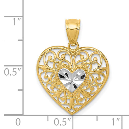 14K Gelb & Rhodium und Weiß Poliert Diamantiert Filigran Herz Anhänger