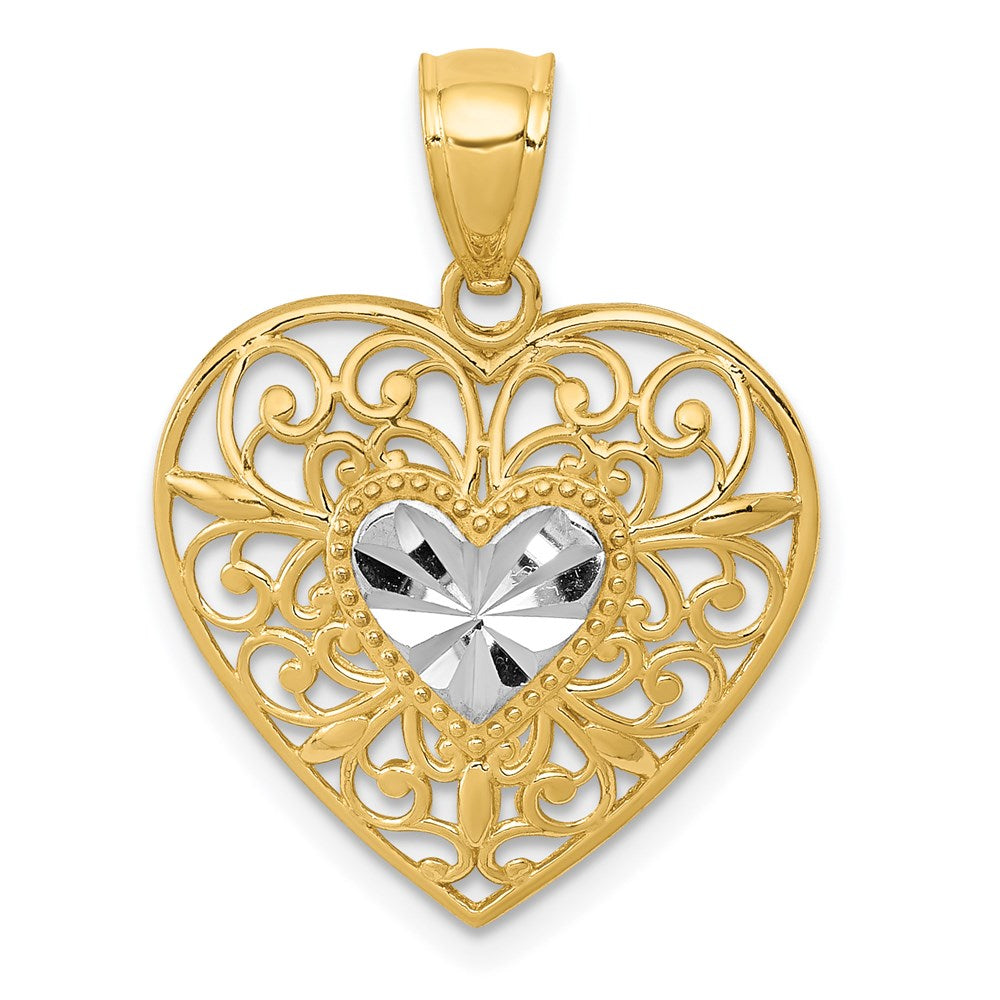 14K Gelb & Rhodium und Weiß Poliert Diamantiert Filigran Herz Anhänger
