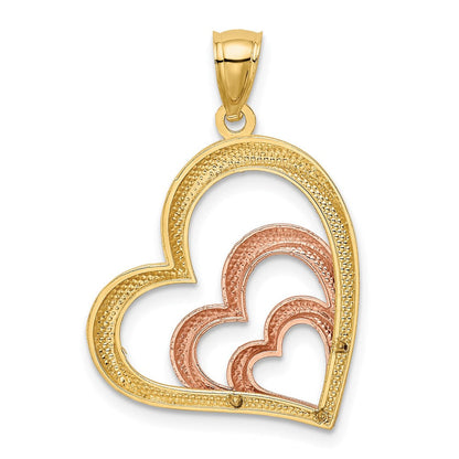 14K Bicolor Gold (Gelbgold und Weißrhodium) Poliert 3-Herzen-Anhänger
