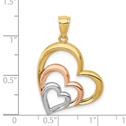 14K Bicolor Gold (Gelbgold und Weißrhodium) Poliert 3-Herzen-Anhänger
