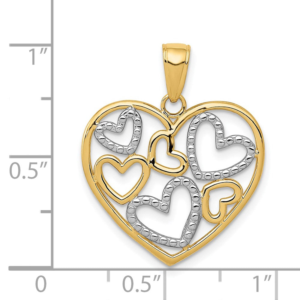 14K Gelb- und Rhodiniertes Gold mit Weißrhodium, poliert, Herzen-im-Herz-Anhänger