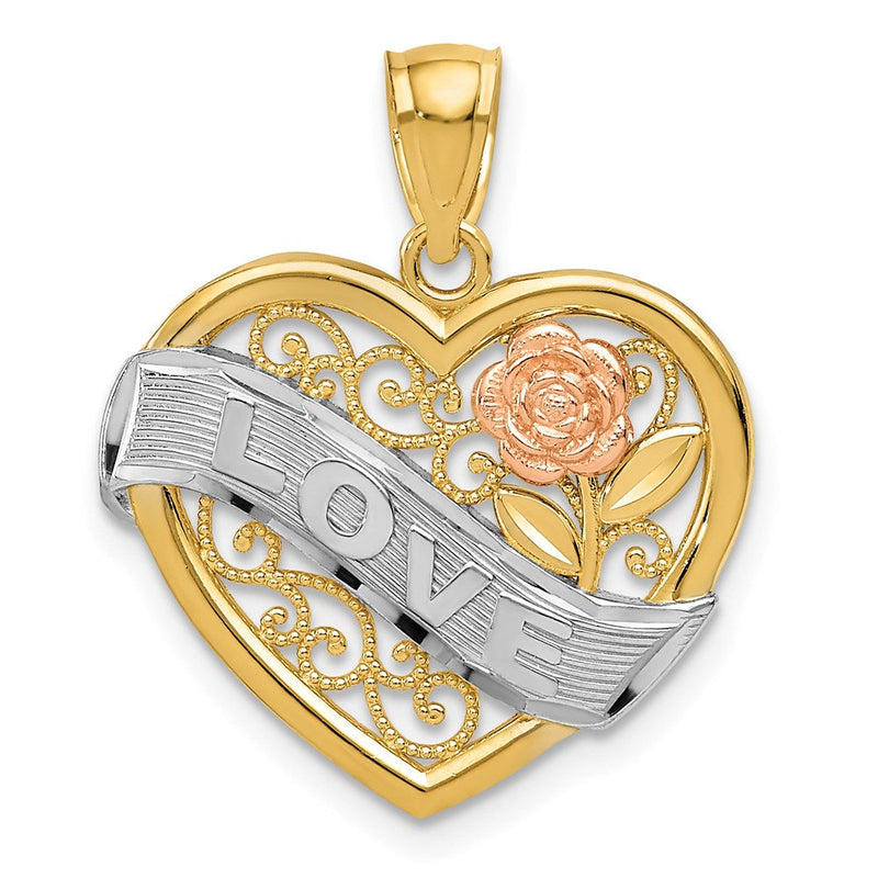 14K Bicolor-Gold und Rhodium LOVE Herz-Anhänger