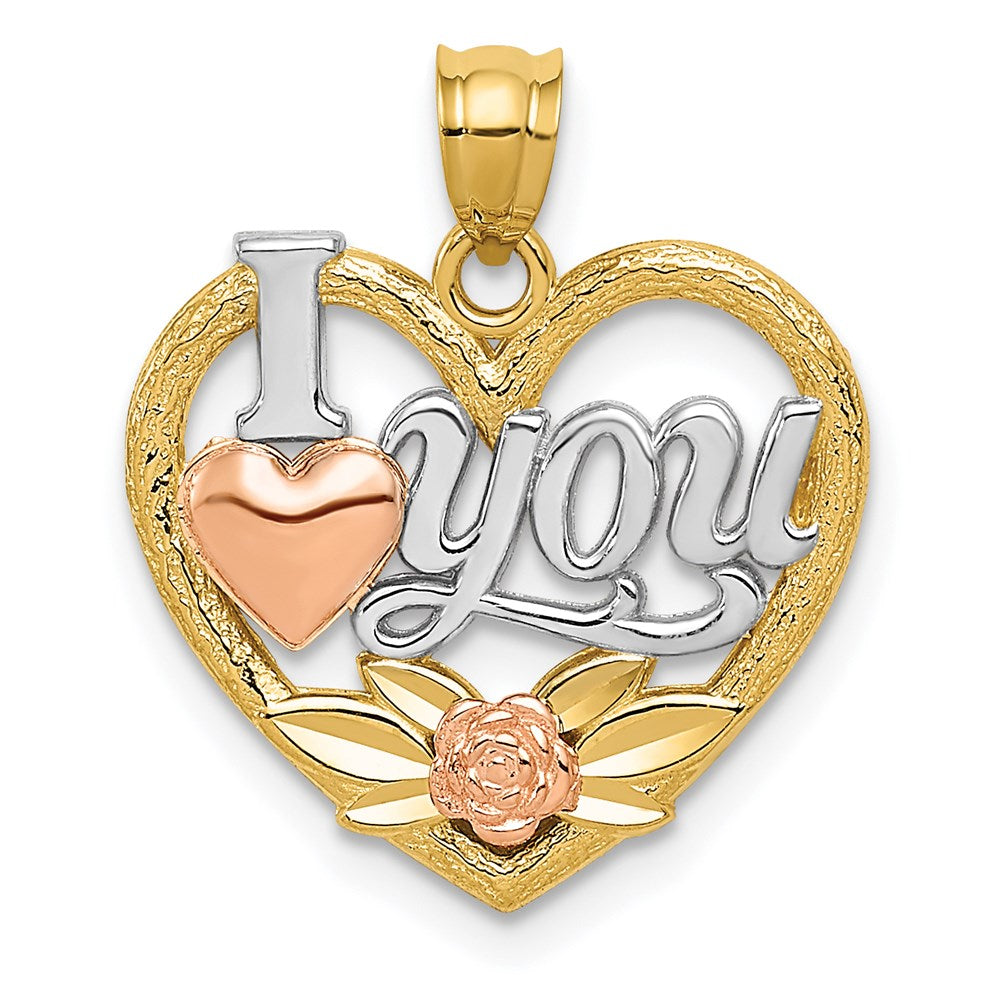14K Bicolor mit Weiß Rhodium I Liebe You Herz Anhänger