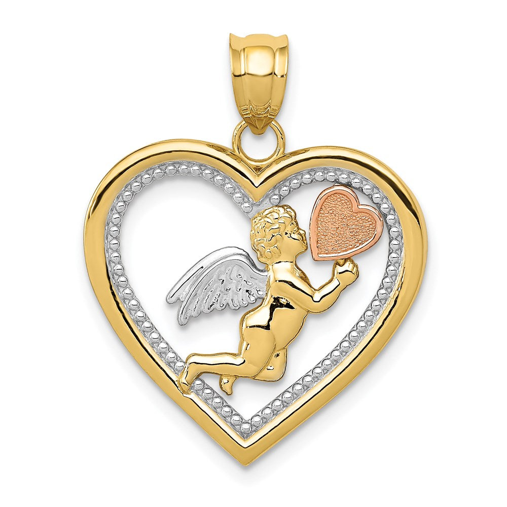 14K Tricolor-Zweifarbiges Gold mit Weißrhodium, Engelsherz-Anhänger