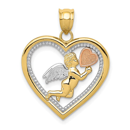 14K Tricolor-Zweifarbiges Gold mit Weißrhodium, Engelsherz-Anhänger
