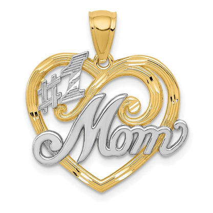 14K Gelb- und Rhodiumgold-Anhänger "#1 MOM" Herz mit Rhodium