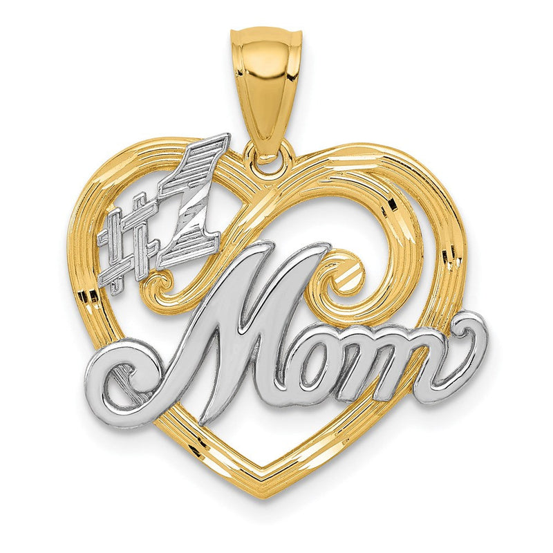 14K Gelb- und Rhodiumgold-Anhänger "#1 MOM" Herz mit Rhodium