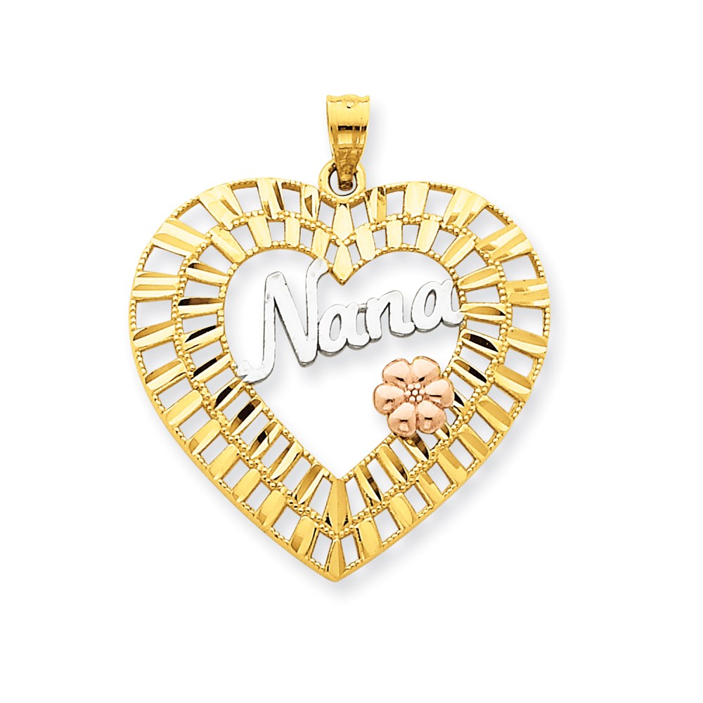 14K Tricolor Gelb- & Roségold mit Rhodium diamantgeschliffener Nana-Herz-Anhänger