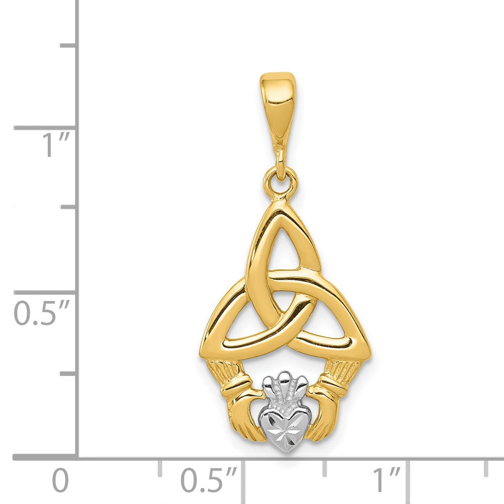 14K Gelb- und Rhodiumgold Rhodium-Diamantgeschliffener Claddagh-Anhänger