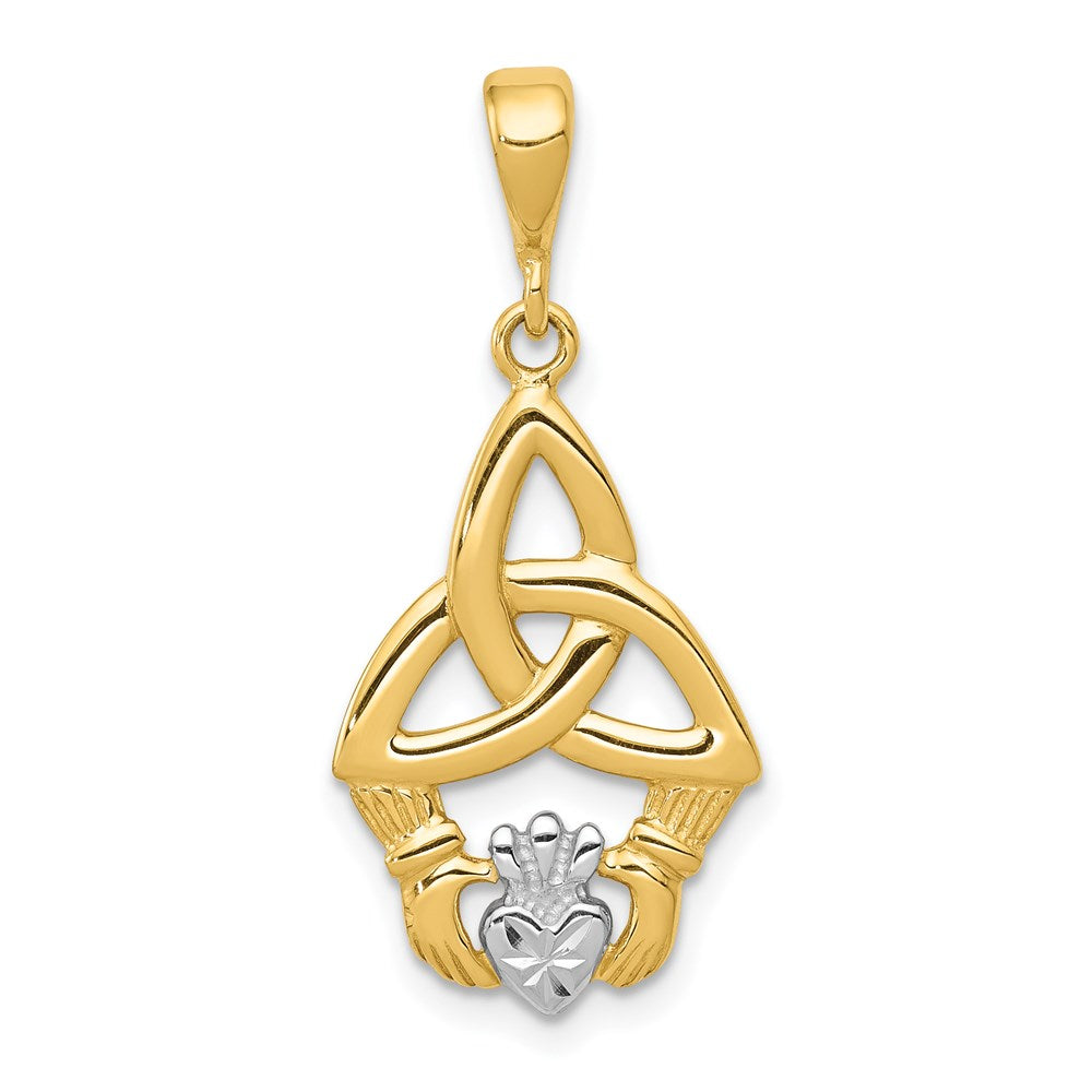 14K Gelb- und Rhodiumgold Rhodium-Diamantgeschliffener Claddagh-Anhänger