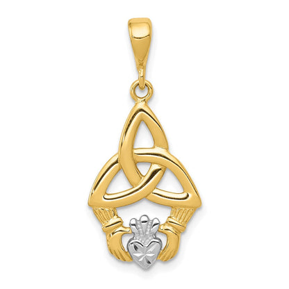14K Gelb- und Rhodiumgold Rhodium-Diamantgeschliffener Claddagh-Anhänger