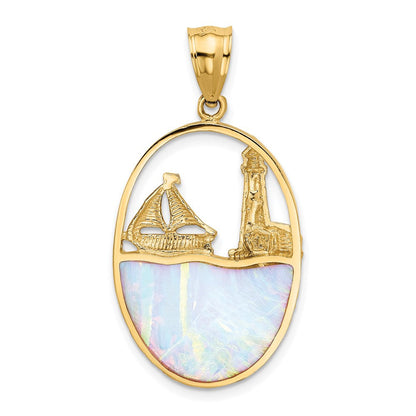 14K Gelbgold Leuchtturm-Segelboot-Anhänger mit im Labor gezüchtetem Opal