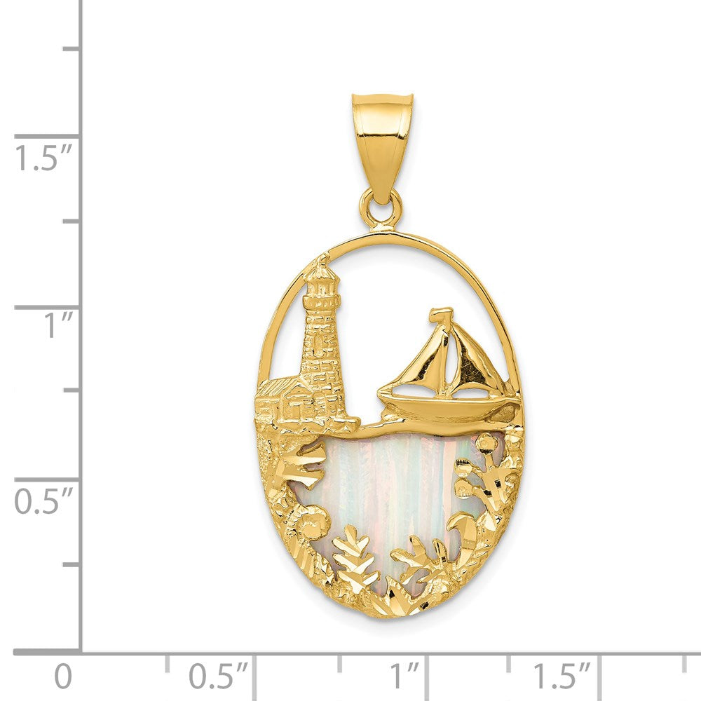 14K Gelbgold Leuchtturm-Segelboot-Anhänger mit im Labor gezüchtetem Opal