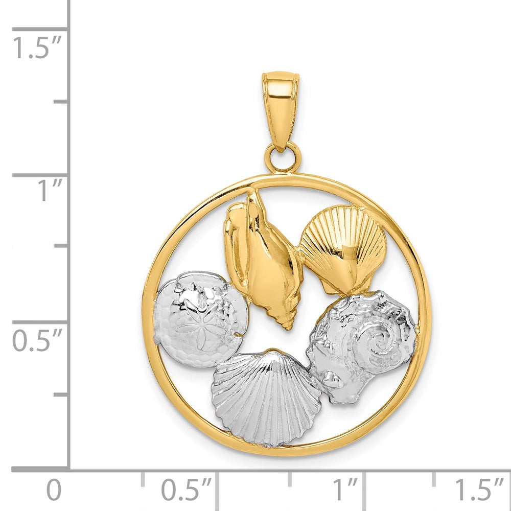 14 Karat Gelb- und Rhodiumgold mit Rhodium-Muschel-Cluster-Anhänger im Kreis