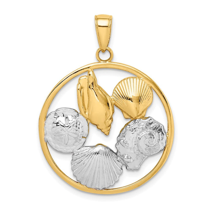 14 Karat Gelb- und Rhodiumgold mit Rhodium-Muschel-Cluster-Anhänger im Kreis