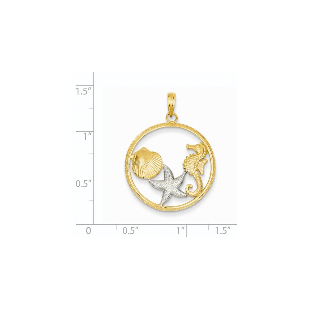14 Karat Gelbgold und Rhodium mit Rhodium-Diamantschliff, Meereswelt-Rundanhänger
