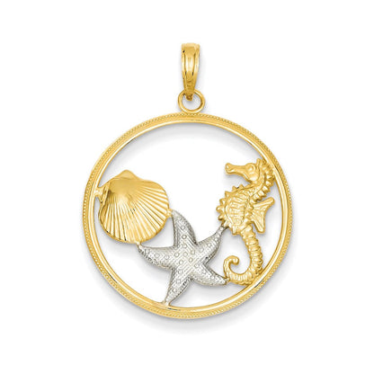 14 Karat Gelbgold und Rhodium mit Rhodium-Diamantschliff, Meereswelt-Rundanhänger